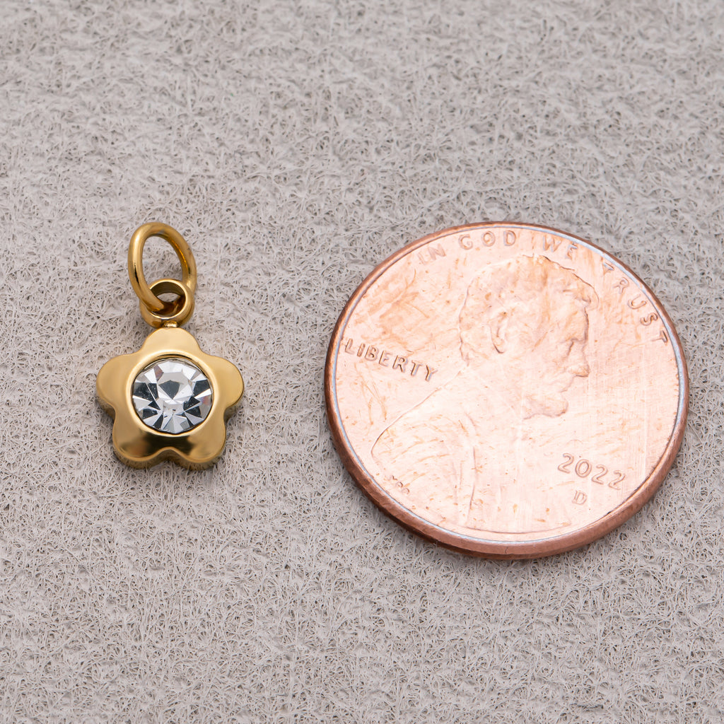 Gold PVD Stainless Steel Round CZ Tiny Bezel Cut Flower Shaped Charm