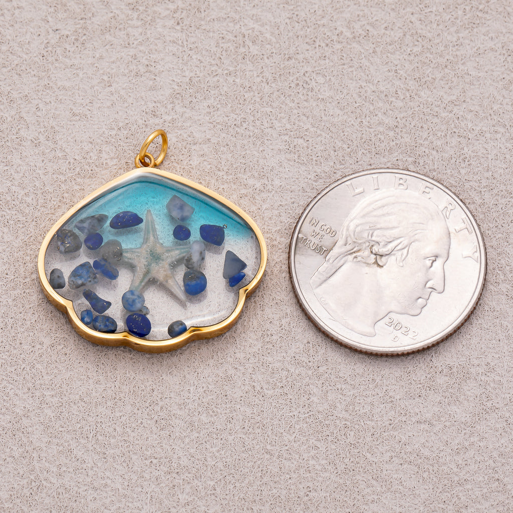 Gold PVD Stainless Steel Starfish Sea Shell Shaped Resin Pendant