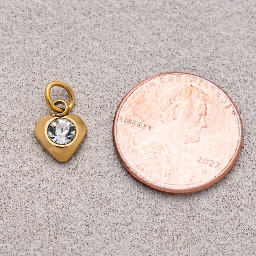 Gold PVD Stainless Steel Round CZ Tiny Bezel Cut Heart Shaped Charm