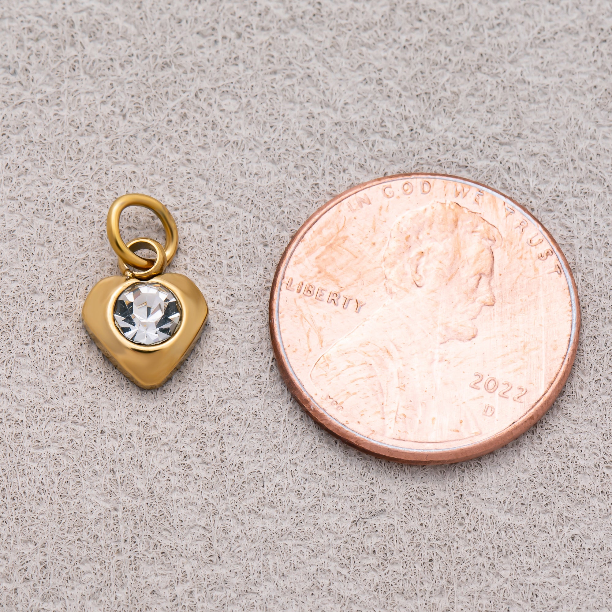 Gold PVD Stainless Steel Round CZ Tiny Bezel Cut Heart Shaped Charm