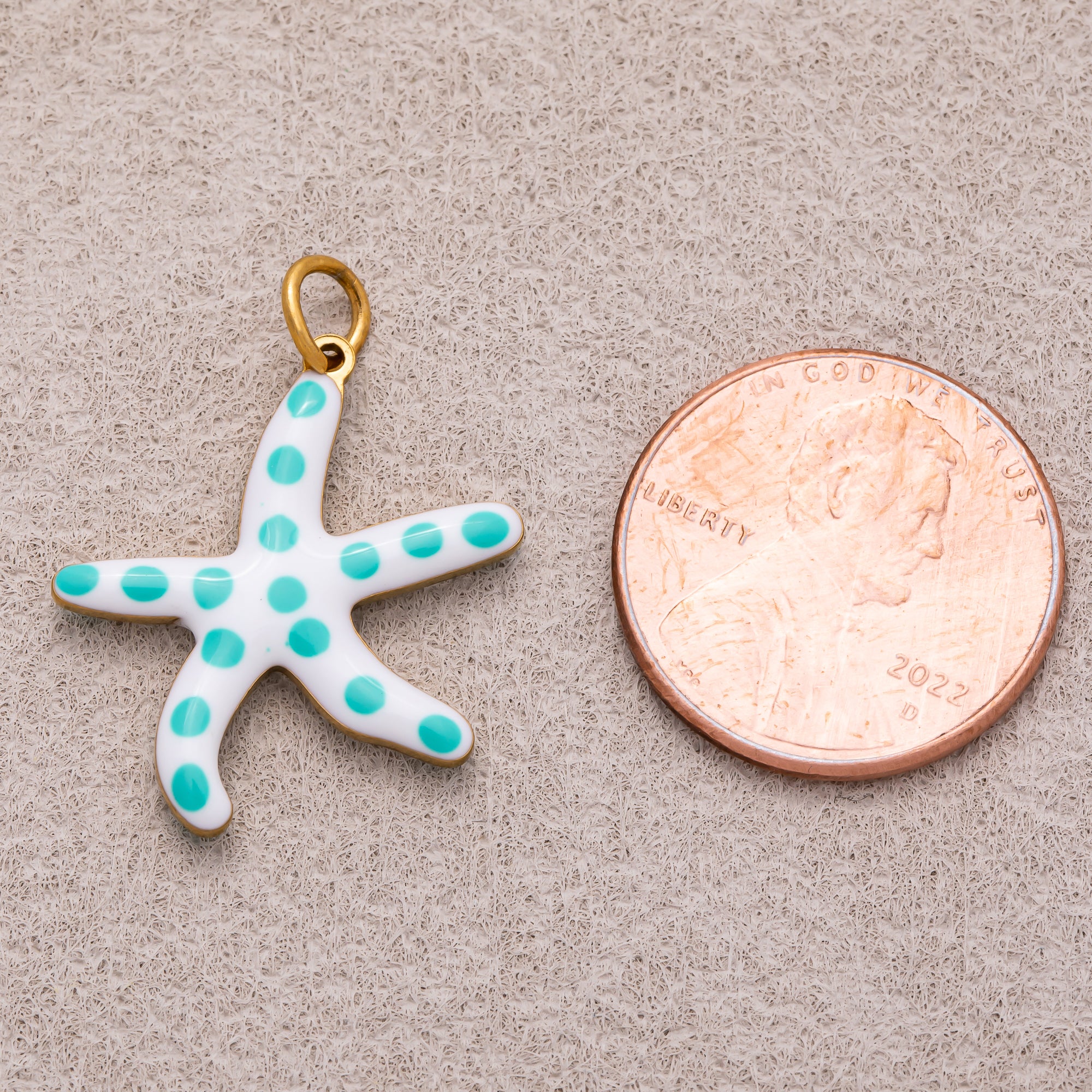 Gold PVD Stainless Steel Blue White Dotted Ocean Starfish 3D Multidimensional Charm