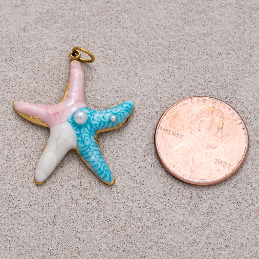 Gold PVD Stainless Steel Shell Pearl Enamel Art Starfish Pendant