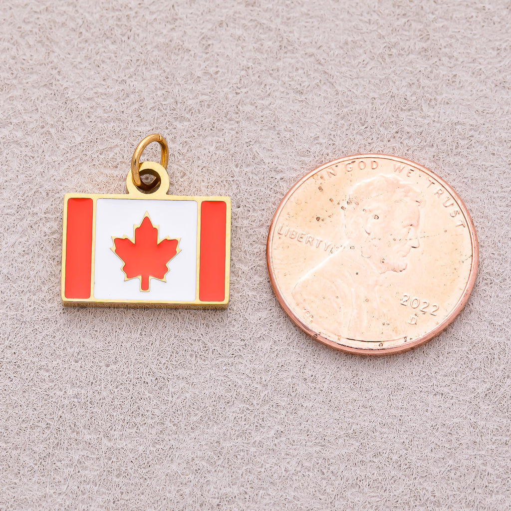 Gold PVD Stainless Steel Red & White Enamel Tag Canada Flag Charm