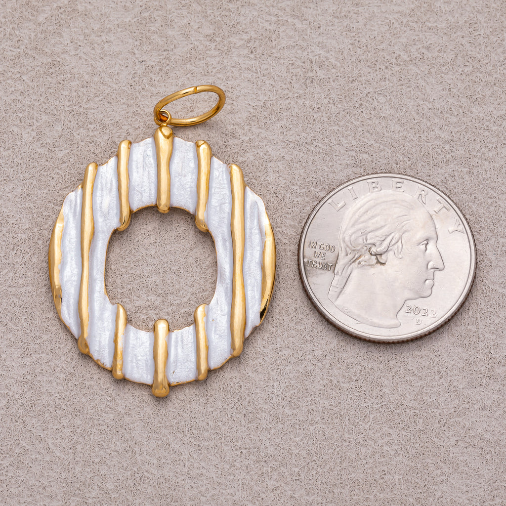 Gold PVD Stainless Steel Mother of Pearl Ribbed Round Open Charm