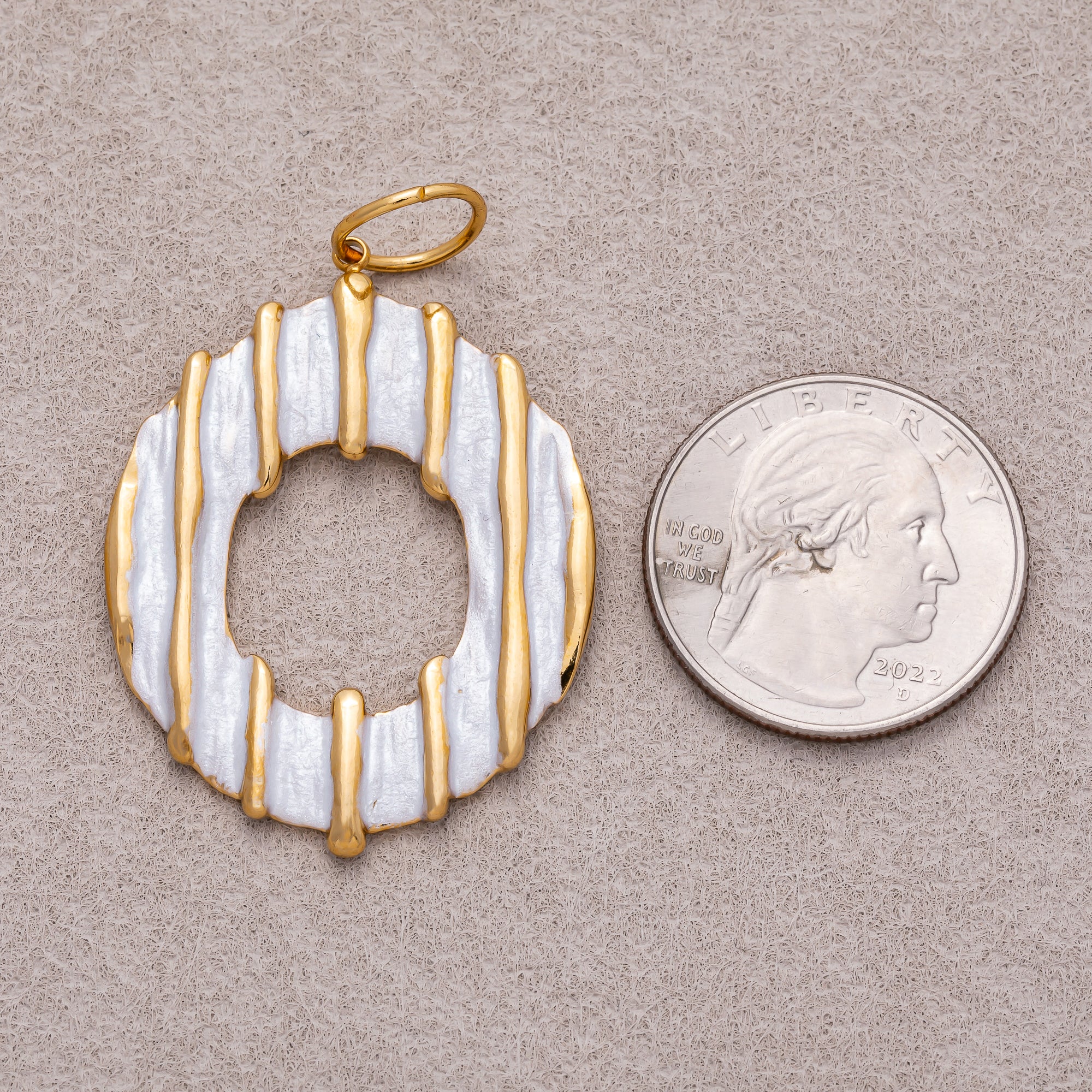 Gold PVD Stainless Steel Mother of Pearl Ribbed Round Open Charm