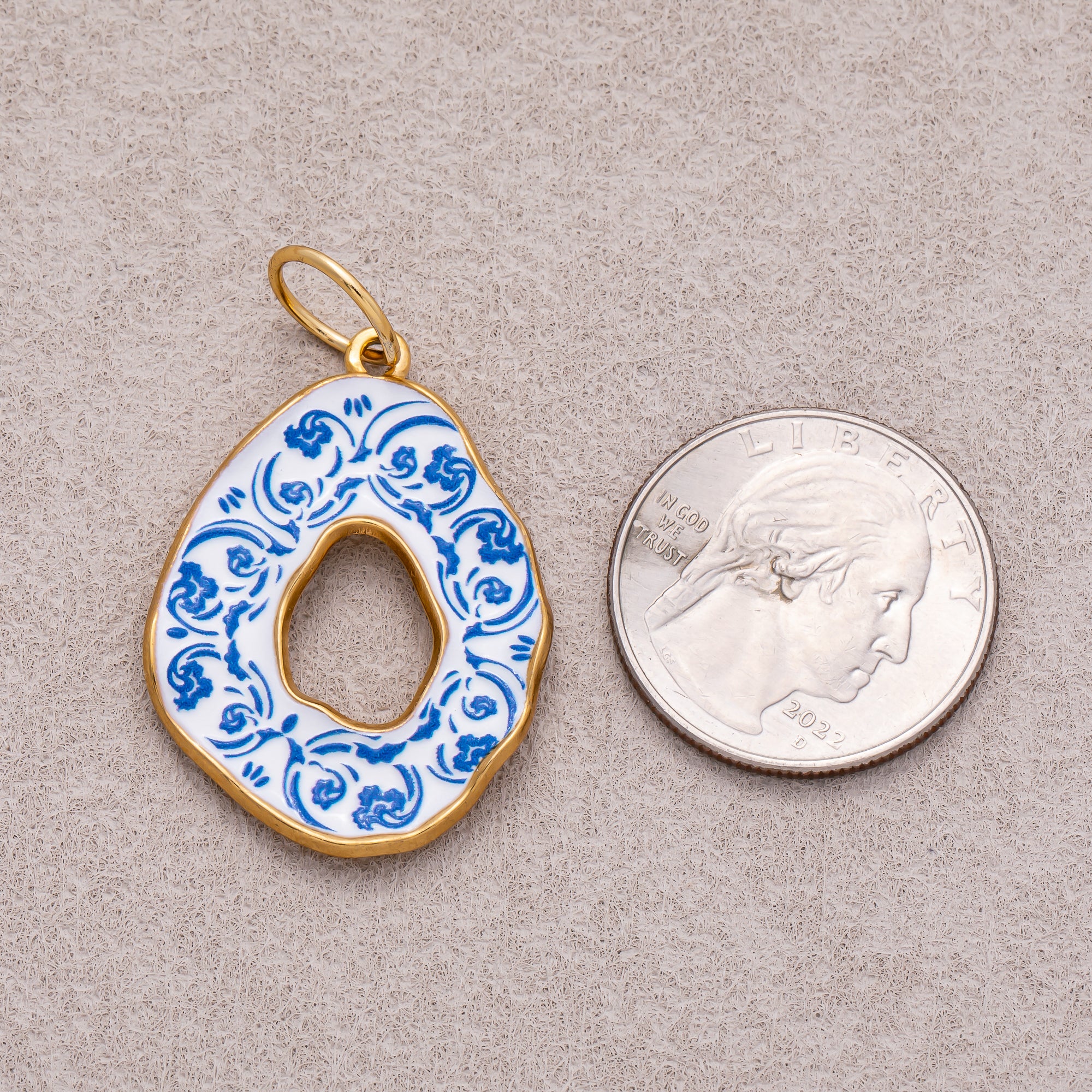 Gold PVD Stainless Steel Blue White Enamel Donut Floral Charm
