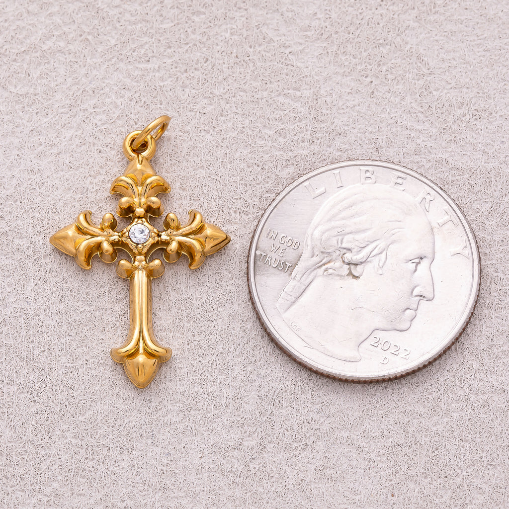 Gold PVD Stainless Steel Clear CZ Vintage Religious Cross Charm