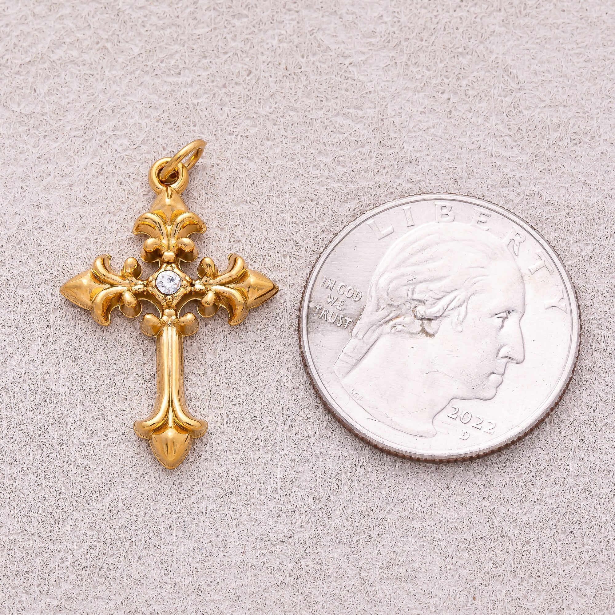 Gold PVD Stainless Steel Clear CZ Vintage Religious Cross Charm