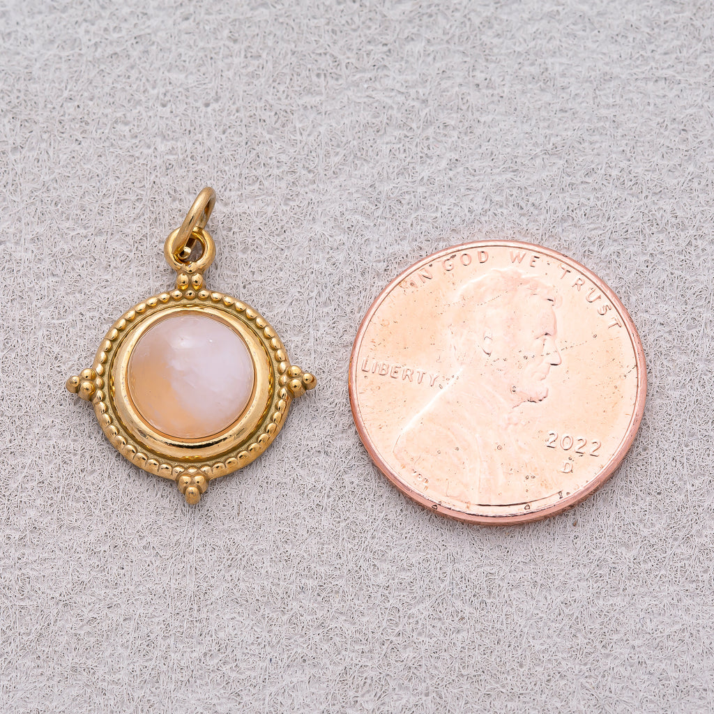 Gold PVD Stainless Steel Rose Quartz Cabochon Natural Gemstone Ribbed Medallion Charm