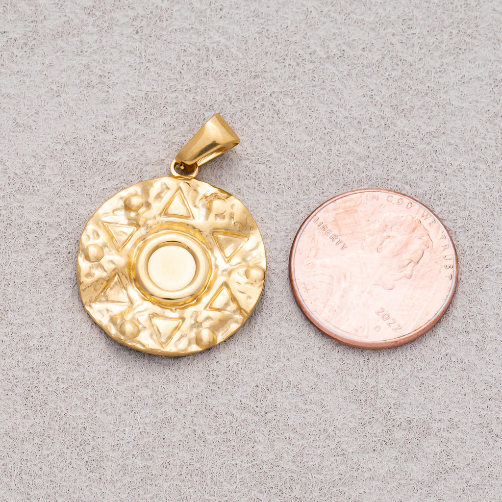 Gold PVD Stainless Steel Hammered Aztec Textured Medallion Charm