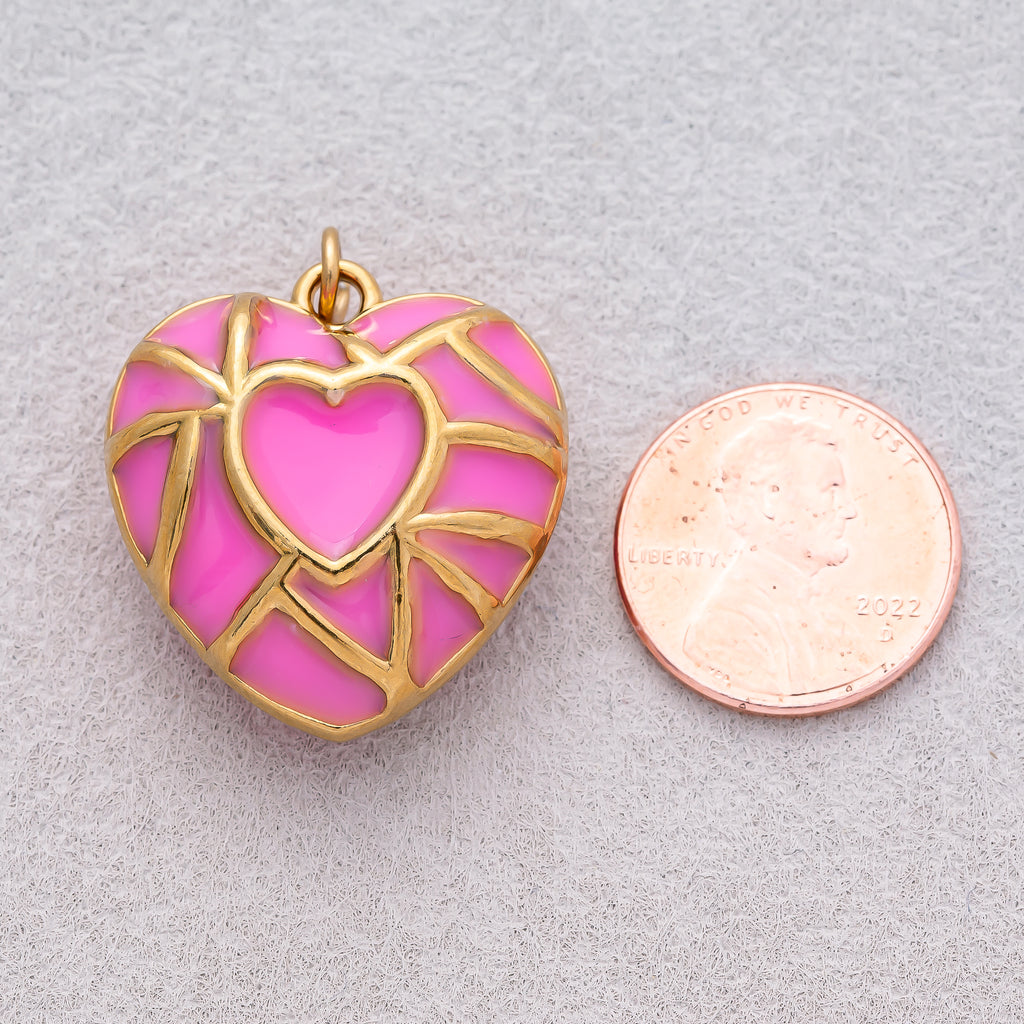 Gold PVD Stainless Steel Pink Mosaic Enamel Puffy Heart Charm