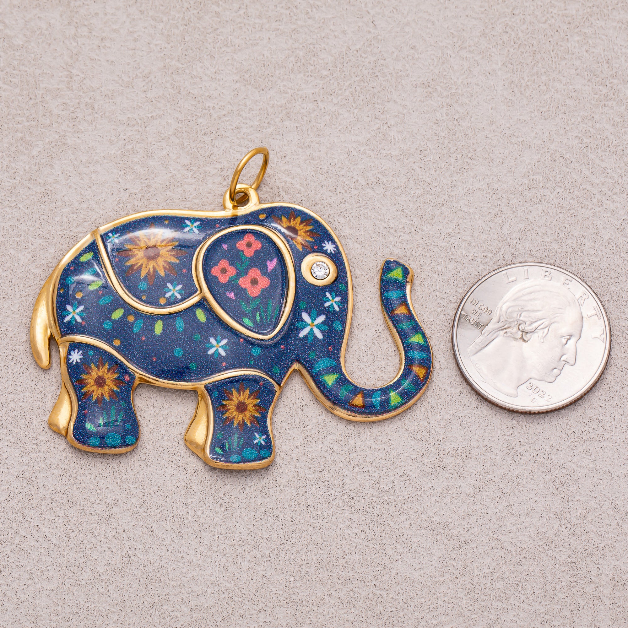 Gold PVD Stainless Steel Blue Flower Enamel CZ Elephant Statement Charm
