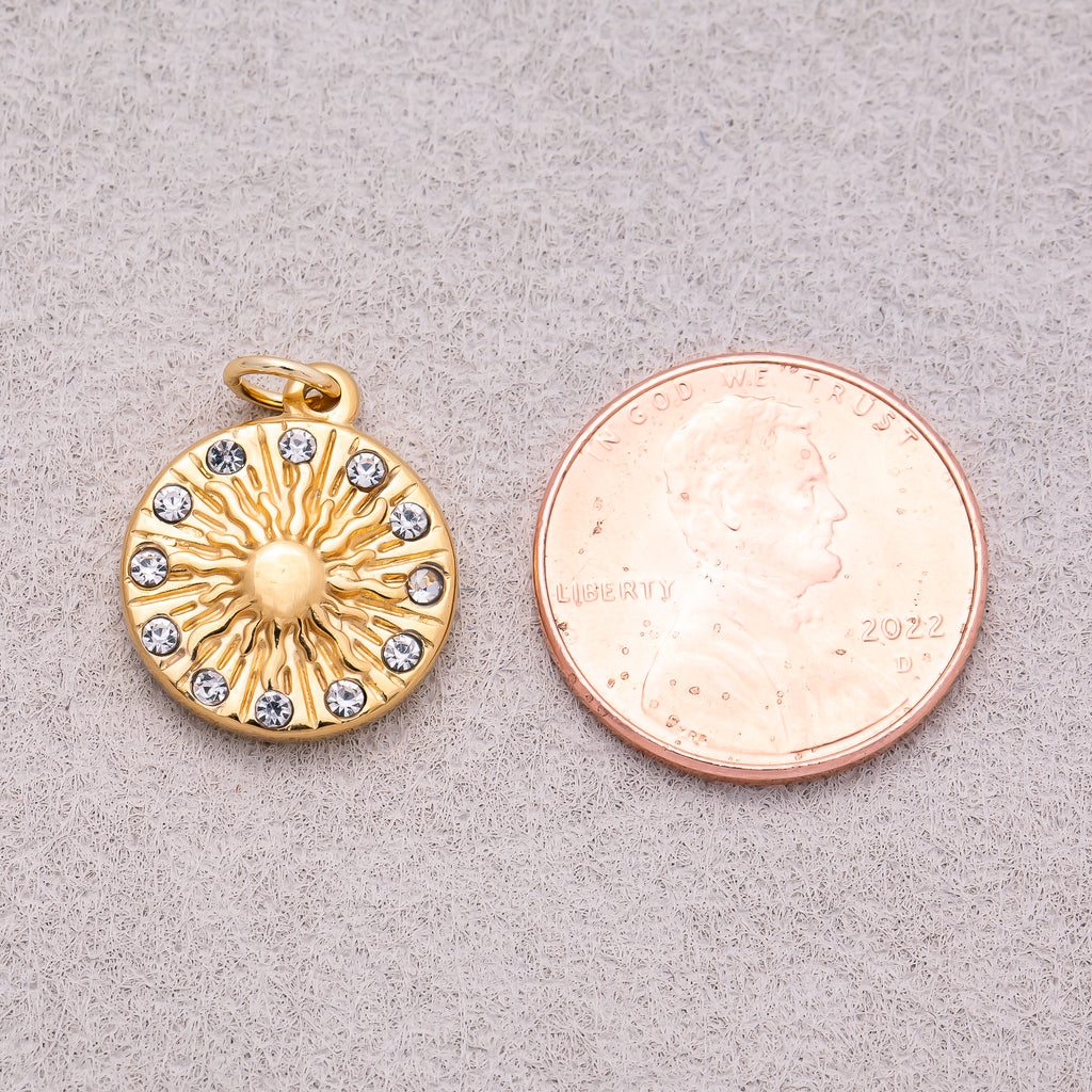 Gold PVD Stainless Steel Clear CZ Celestial Sunburst Medallion Charm