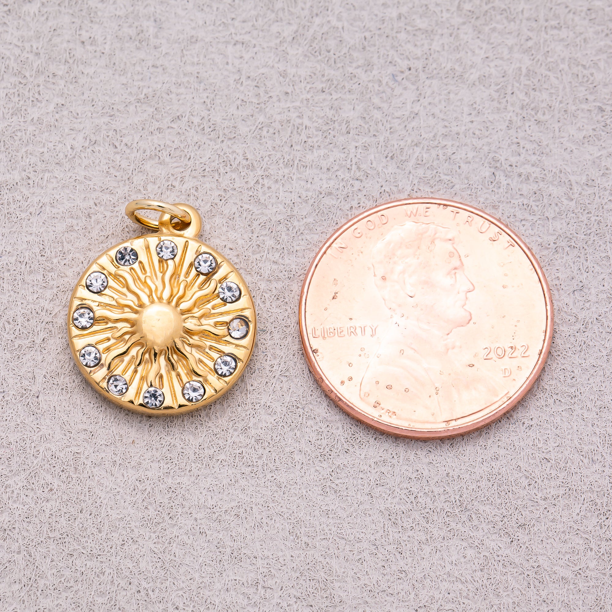 Gold PVD Stainless Steel Clear CZ Celestial Sunburst Medallion Charm