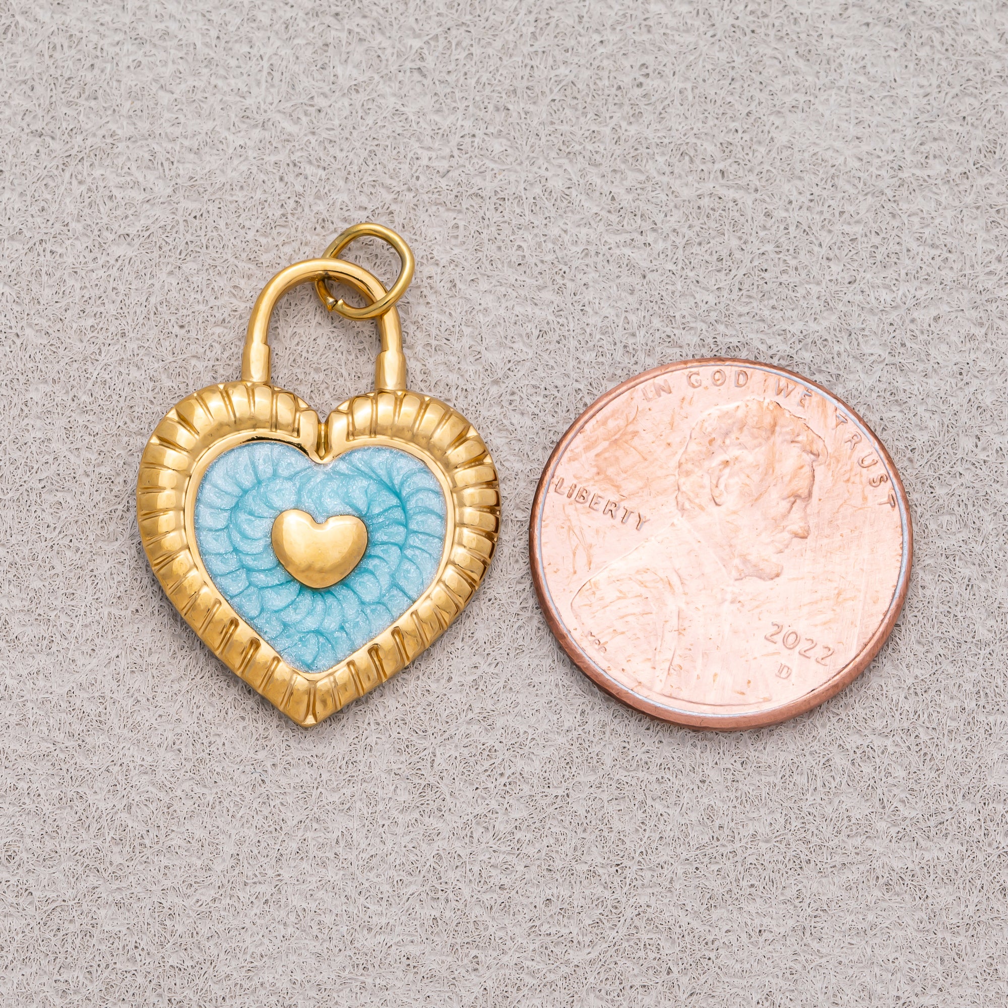 Gold PVD Stainless Steel Pink, Blue Enamel Ribbed Heart Padlock Charm