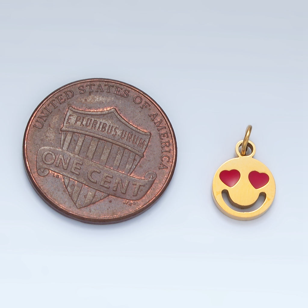 Launch Promo: 24K Gold PVD Stainless Steel Red Heart Eyes Emoticon Enamel Charm | Sold Each