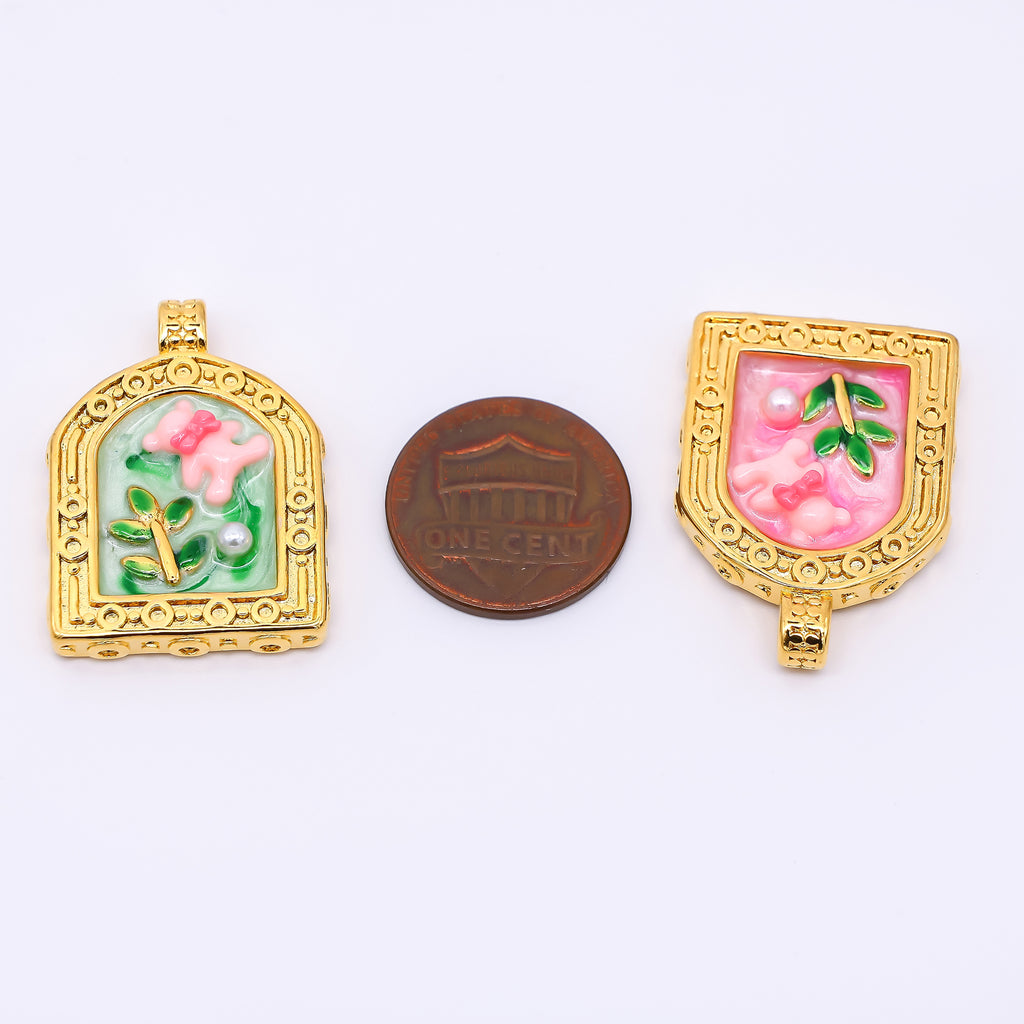 Launch Promo: 24K Gold PVD Stainless Steel Shell Pearl Teddy Bear Garden Enamel Charm in Pink & Green | Sold Each