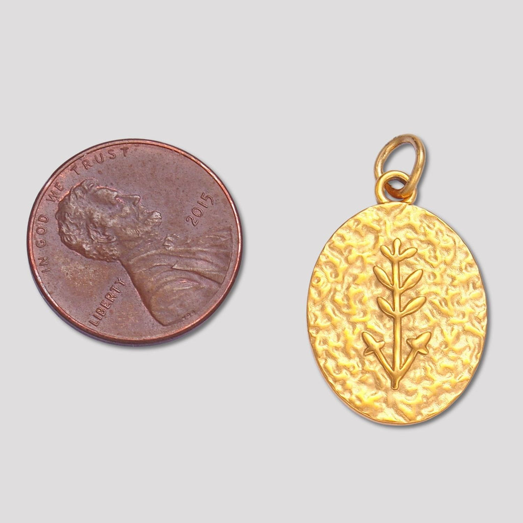 Launch Promo: 24K Gold PVD Stainless Steel Oval Hammered Botanical Medallion Charm | Sold Each