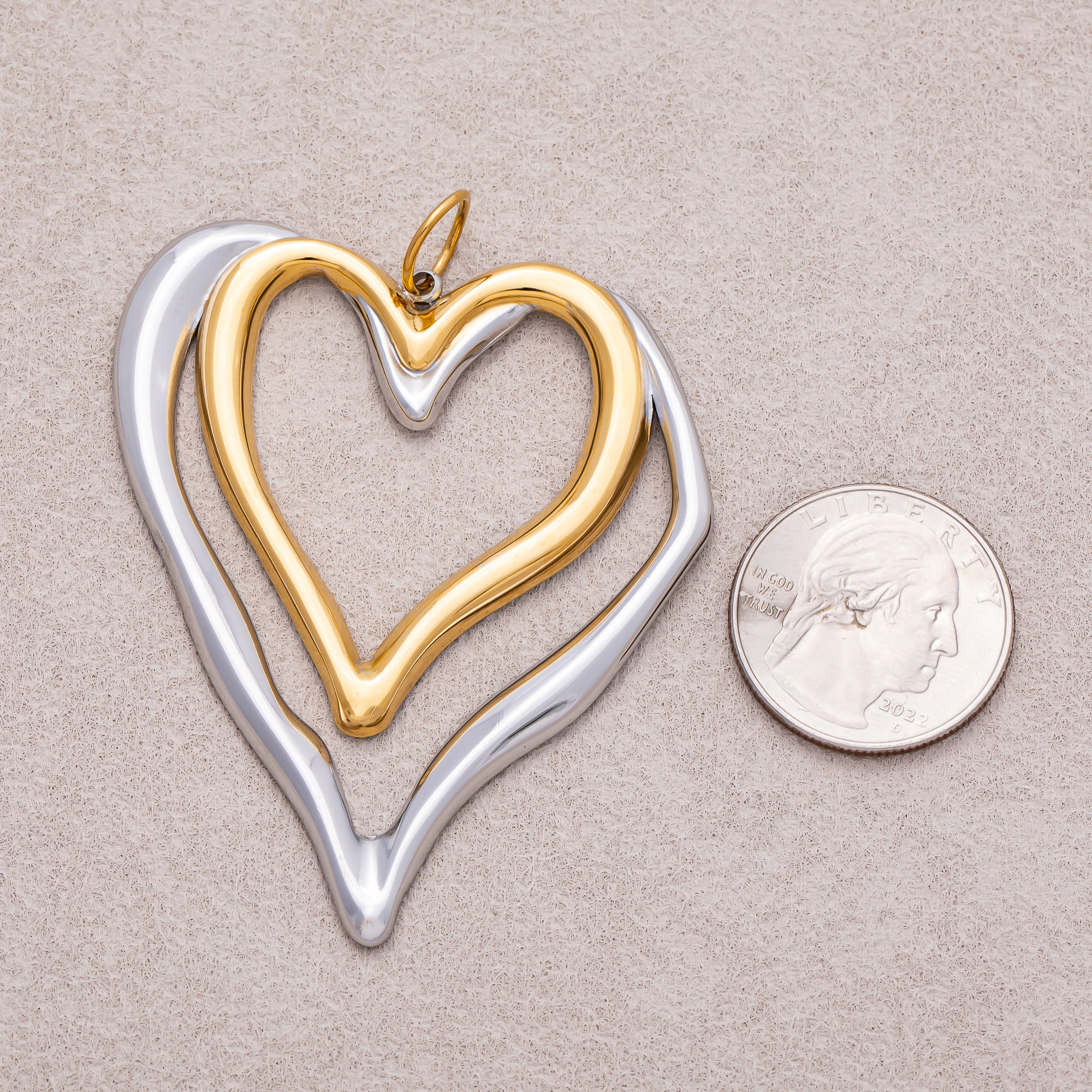 Gold PVD Stainless Steel Double Heart Open Charm