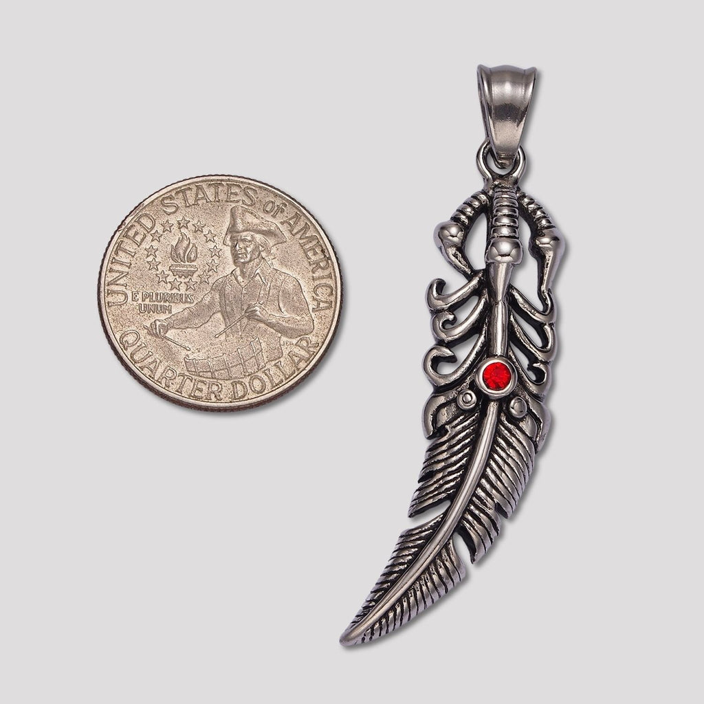 Launch Promo: Stainless Steel Red Solitaire Bohemian Feather Pendant | Sold Each