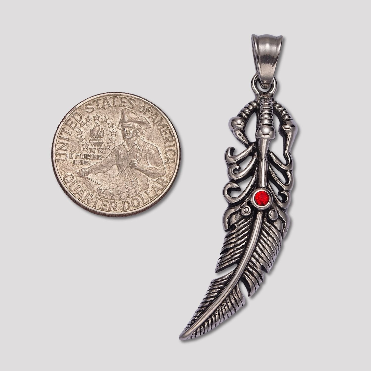 Launch Promo: Stainless Steel Red Solitaire Bohemian Feather Pendant | Sold Each
