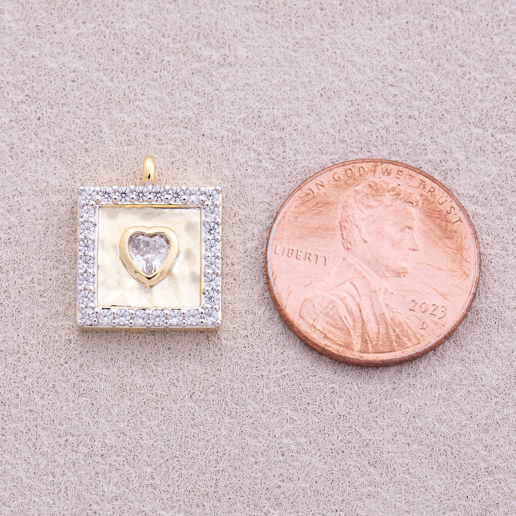 Two Tone Gold Plated Micro Paved CZ Bezel Heart Square Charm - Sold Each