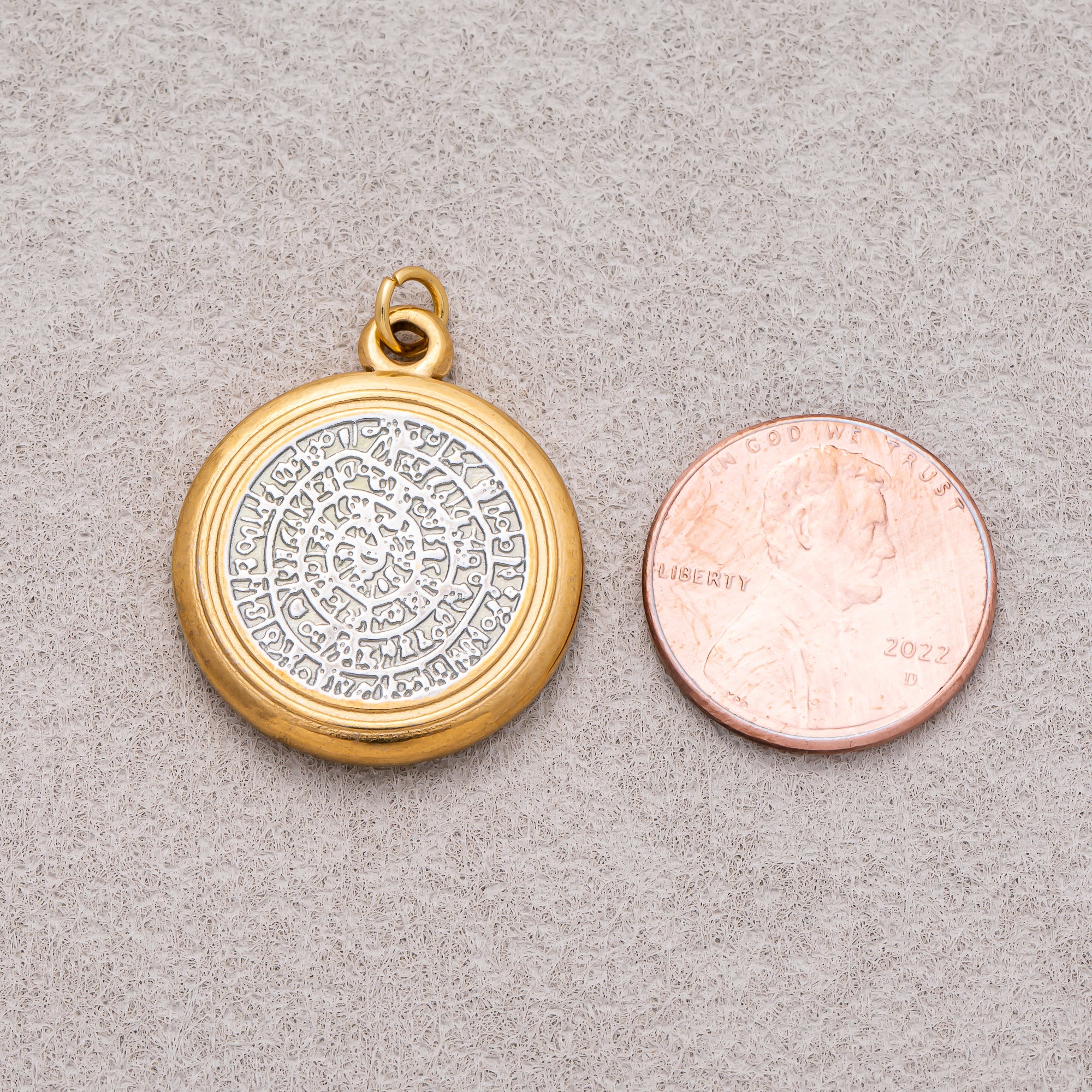 Gold PVD Stainless Steel Textured Phaistos Disc Medallion Charm