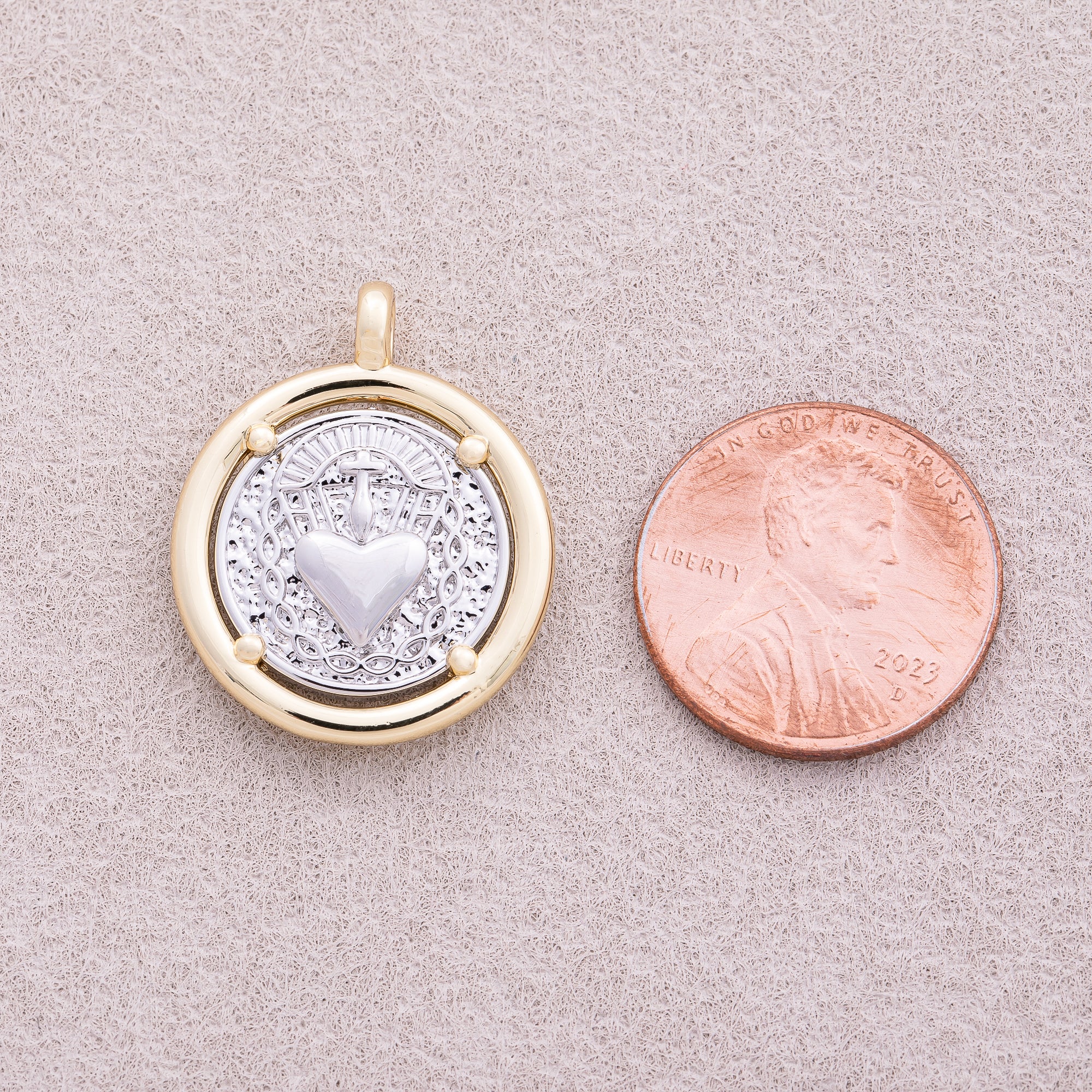 Two Tone Gold Plated Textured Heart Medallion Charm - Sold Each